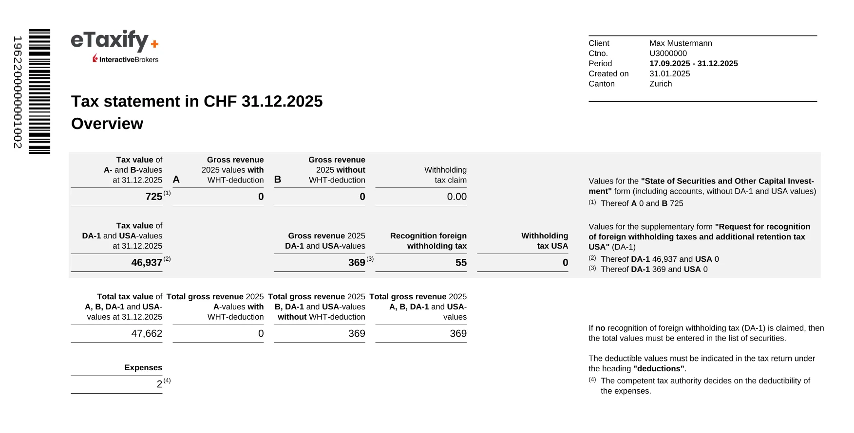 Swiss e-tax statement preview document