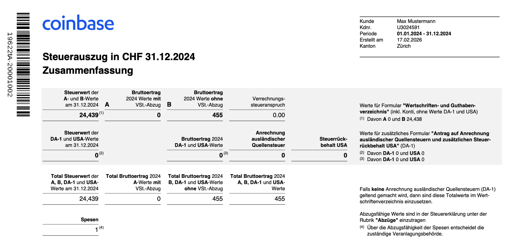 Swiss e-tax statement preview document