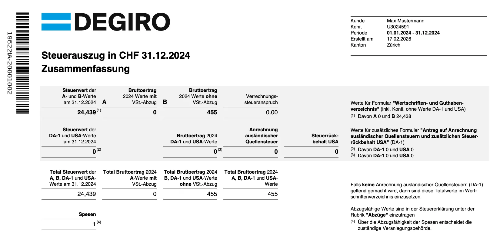 Swiss e-tax statement preview document